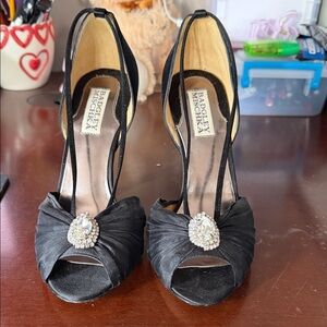 Badgley Mischka Black Satin Heels with Jeweled Accent
